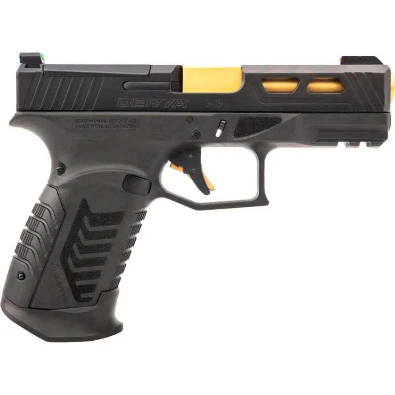 Buy Online Derya Firearms DY9GUS DY9 9mm Luger 15+1 4.02" Gold TiN Steel Barrel, Black Nitride Optics Ready/Serrated Alloy Steel Slide, Black Polymer Frame w/Accessory Rail, Black Interchangeable Backstrap Grip