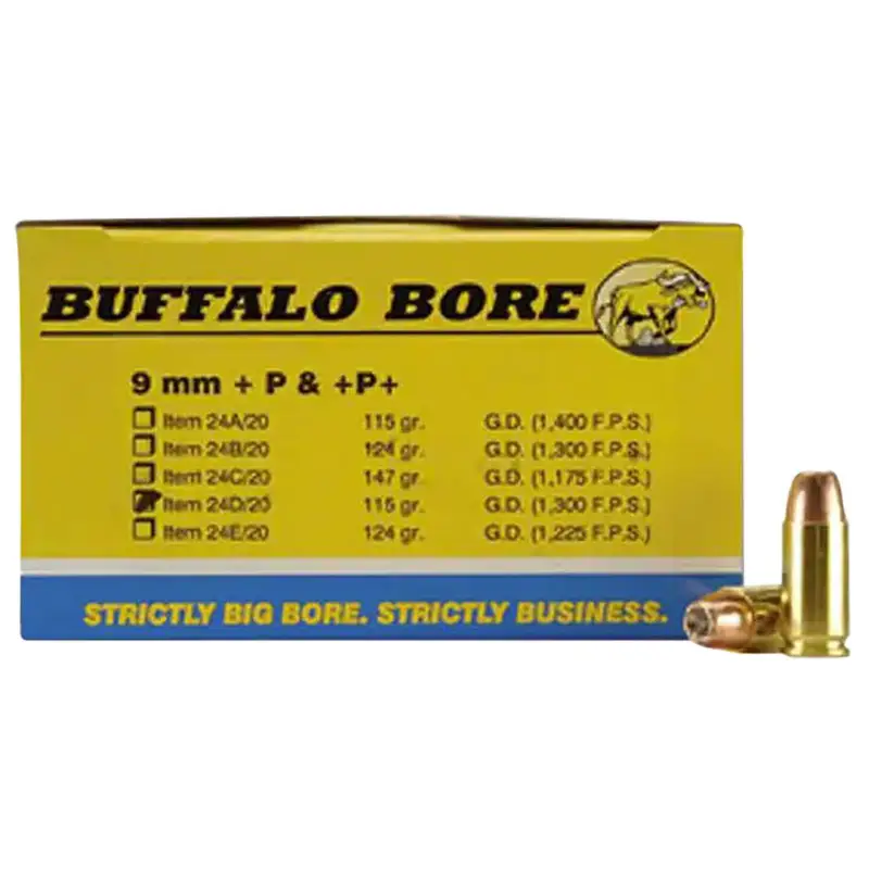 In Demand Buffalo Bore Ammunition 24D20 Personal Defense Strictly Business 9mmLuger +P 115gr Jacket Hollow Point 20 Per Box/12 Case