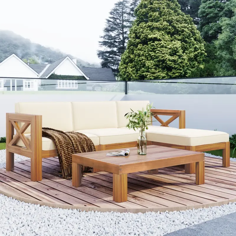 Walker Edison | Sleek Modular Wood Outdoor Patio 5-Piece Sectional Sofa Set New Release