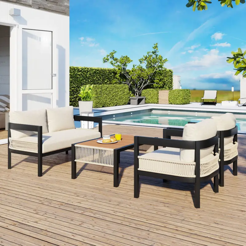 Super Sale Walker Edison | Modern Rope Design Outdoor Iron Sofa Set with Coffee Table