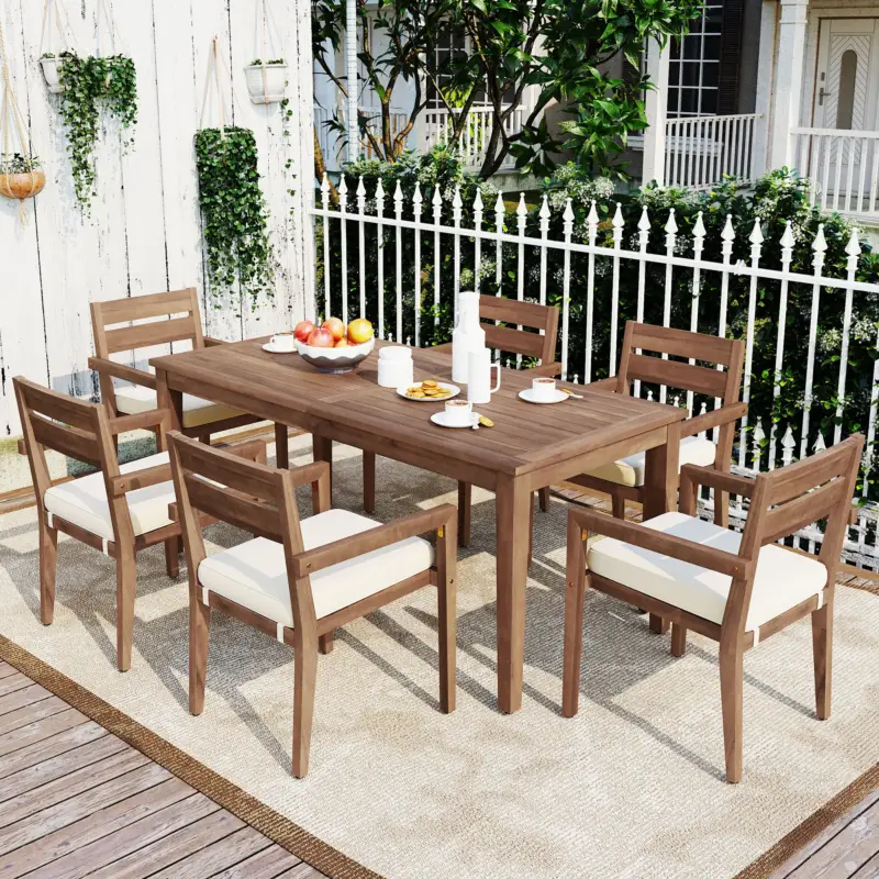 Modern 7 Pieces Acacia Wood Outdoor Full Dining Set with Chair Cushions Limited Offer