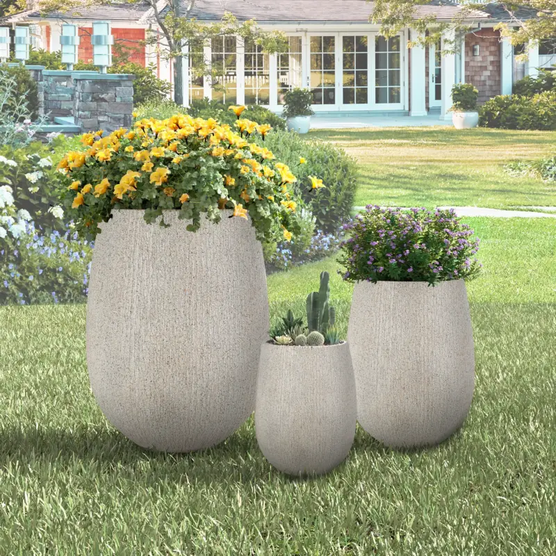 Don't Miss Out Modern Stone-Look Textured Round Shaped Lightweight Outdoor Planter Set of 3
