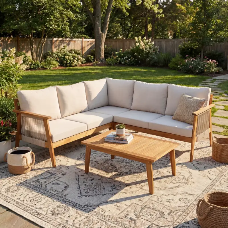 Super Sale Outdoor 4pc Acacia Wood and Rope Sectional Patio Corner Set
