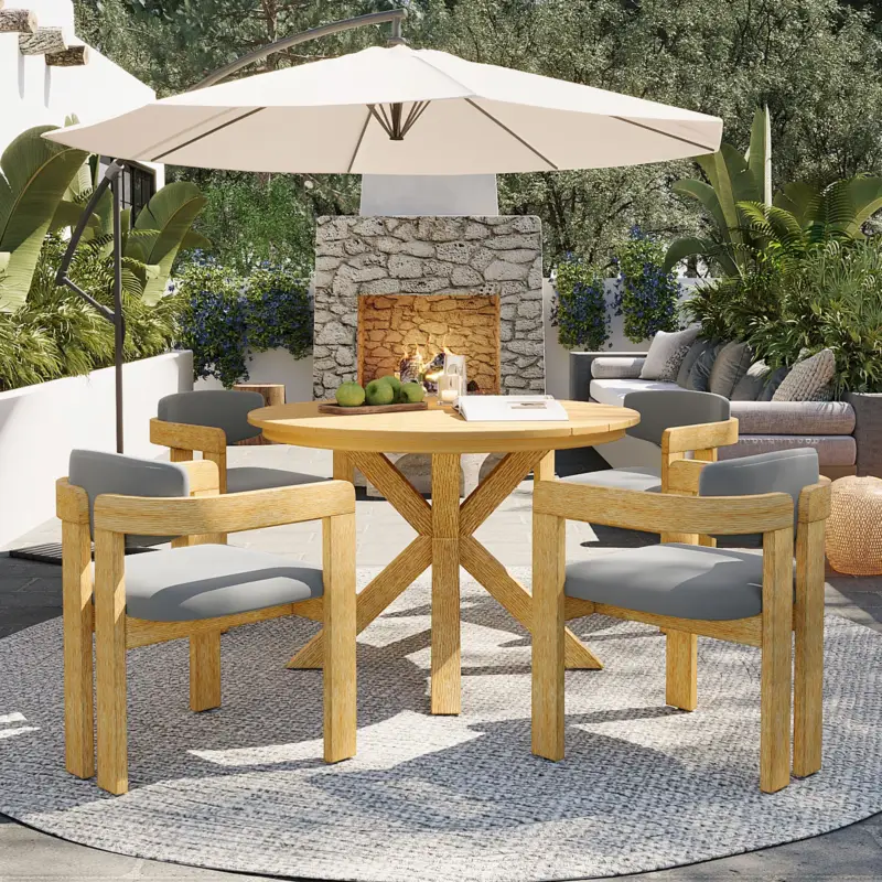 Latest Modern Outdoor 5-Piece Teak Wood Round Dining Table & Chair Set with Gray Cushions