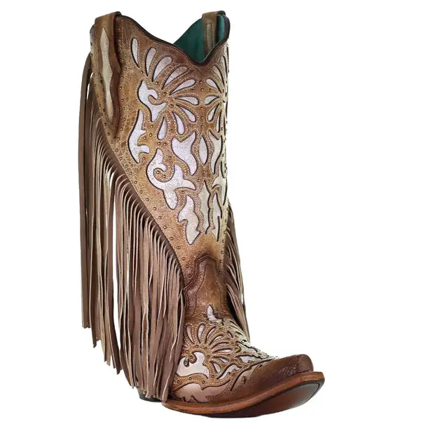 CORRAL Women's Saddle Lamb Inlay & Embroidery & Studs & Fringes Boots (C3766) Last Chance