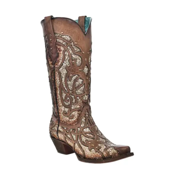 CORRAL Womens Orix Glittered Inlay and Studs Brown Snip Toe Cowboy Boots (C3331-LD) Order Now