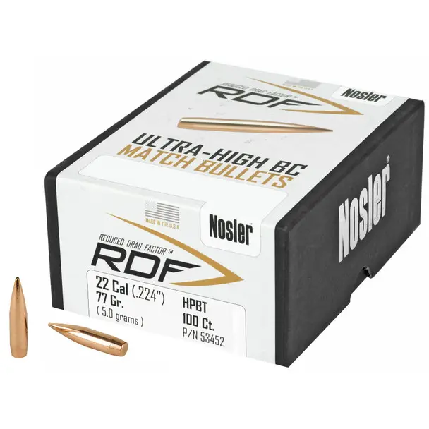NOSLER RDF, .224 Diameter, 22 Caliber, 77 Grain, Hollow Point Boat Tail, 100 Count 53452 Genuine