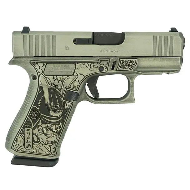 Best Price GLOCK 43X 9mm Luger 3.41in 2x 10rd Mags Custom "Bushido Mask" Battleworn Slide Sand Pistol (UX4350201FR MODBSBWS)