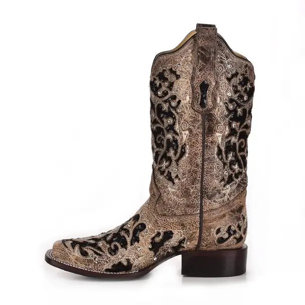Open-box: CORRAL LD BROWN INLAY & FLOWERED EMBROIDERY & STUDS & CRYSTALS SQ TOE, Size: 9, Width: M (A3648-LD-M-9) - Damaged package Best Price
