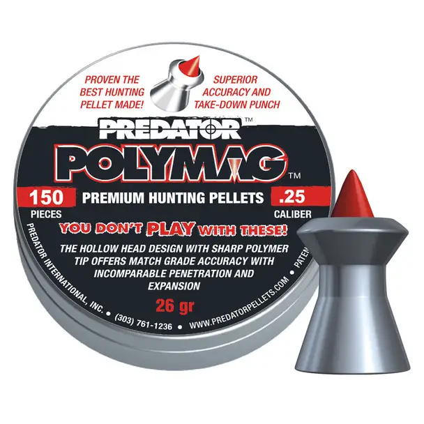 PREDATOR INTERNATIONAL Predator Polymag 25 Caliber 26 Grain 150Ct Airgun Pellets (1004-01-150) Latest